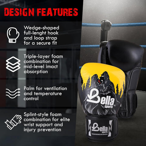 BELLA Sports Boxing Gloves for Men Women Synthetic Leather Punching Bag Gloves Training Gloves for Kickboxing MMA Muay Thai Sparring Heavy Bag Workout Fighting Gloves