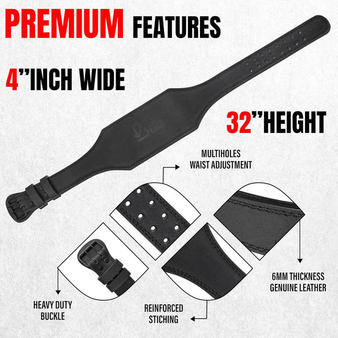 Bella Sports Genuine Leather Weightlifting Belt - 4 Inch Back Support for Powerlifting