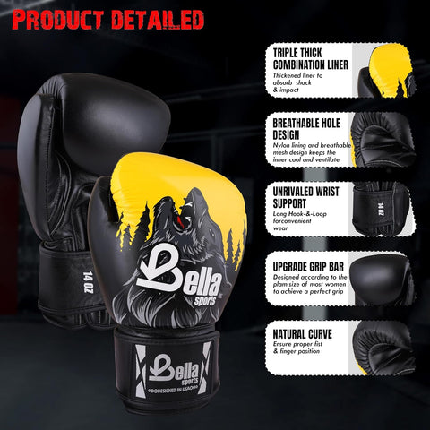 BELLA Sports Boxing Gloves for Men Women Synthetic Leather Punching Bag Gloves Training Gloves for Kickboxing MMA Muay Thai Sparring Heavy Bag Workout Fighting Gloves