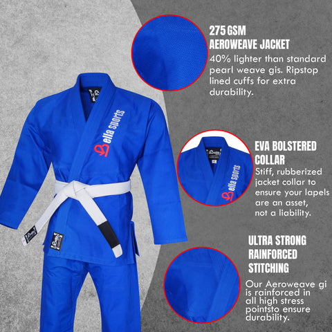 Bella Sports Adult Blue Premium BJJ Gi - Lightweight Brazilian Jiu Jitsu Kimono with Ripstop Pants & Reinforced Stitching for Professional MMA Training