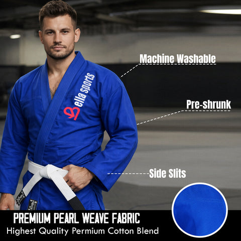 Bella Sports Adult Blue Premium BJJ Gi - Lightweight Brazilian Jiu Jitsu Kimono with Ripstop Pants & Reinforced Stitching for Professional MMA Training