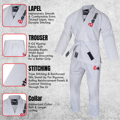 Bella Sports Adult White Premium BJJ Gi - Lightweight Brazilian Jiu Jitsu Kimono with Ripstop Pants & Reinforced Stitching for Professional MMA Training