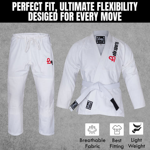 Bella Sports Adult White Premium BJJ Gi - Lightweight Brazilian Jiu Jitsu Kimono with Ripstop Pants & Reinforced Stitching for Professional MMA Training