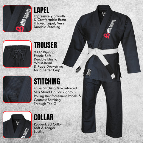 Bella Sports Adult Black Premium BJJ Gi - Lightweight Brazilian Jiu Jitsu Kimono with Ripstop Pants & Reinforced Stitching for Professional MMA Training