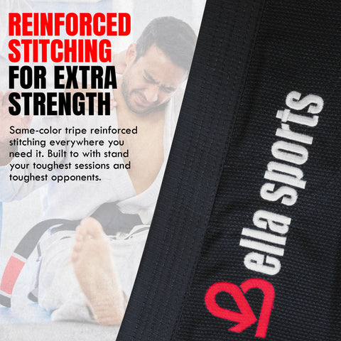 Bella Sports Adult Black Premium BJJ Gi - Lightweight Brazilian Jiu Jitsu Kimono with Ripstop Pants & Reinforced Stitching for Professional MMA Training