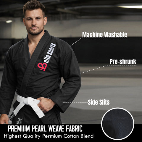 Bella Sports Adult Black Premium BJJ Gi - Lightweight Brazilian Jiu Jitsu Kimono with Ripstop Pants & Reinforced Stitching for Professional MMA Training