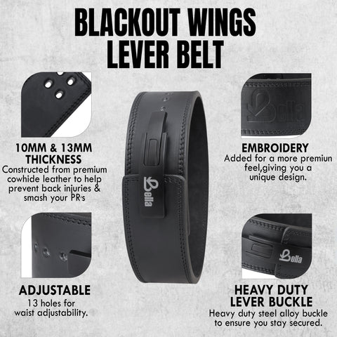 Bella Sports Blackout Wings Lever Belt: 10mm/13mm premium cowhide. 4" wide with heavy-duty steel lever for maximum support.
