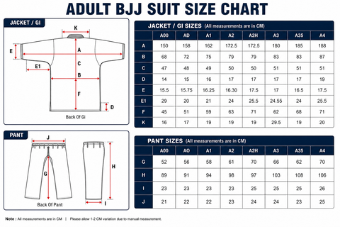Adult BJJ suit size chart with measurements for jacket, gi, and pants.