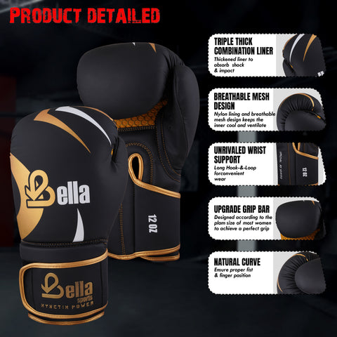 BELLA Sports Boxing Gloves for Men Women Synthetic Leather Punching Bag Gloves Training Gloves for Kickboxing MMA Muay Thai Sparring Heavy Bag Workout Fighting Gloves