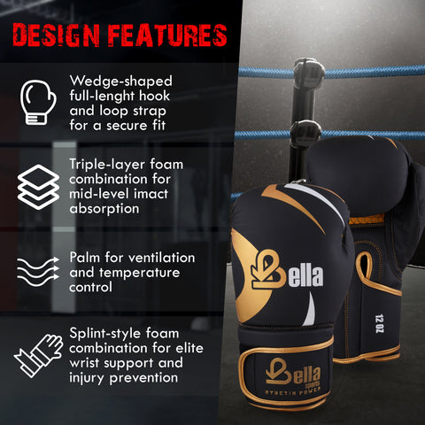 BELLA Sports Boxing Gloves for Men Women Synthetic Leather Punching Bag Gloves Training Gloves for Kickboxing MMA Muay Thai Sparring Heavy Bag Workout Fighting Gloves