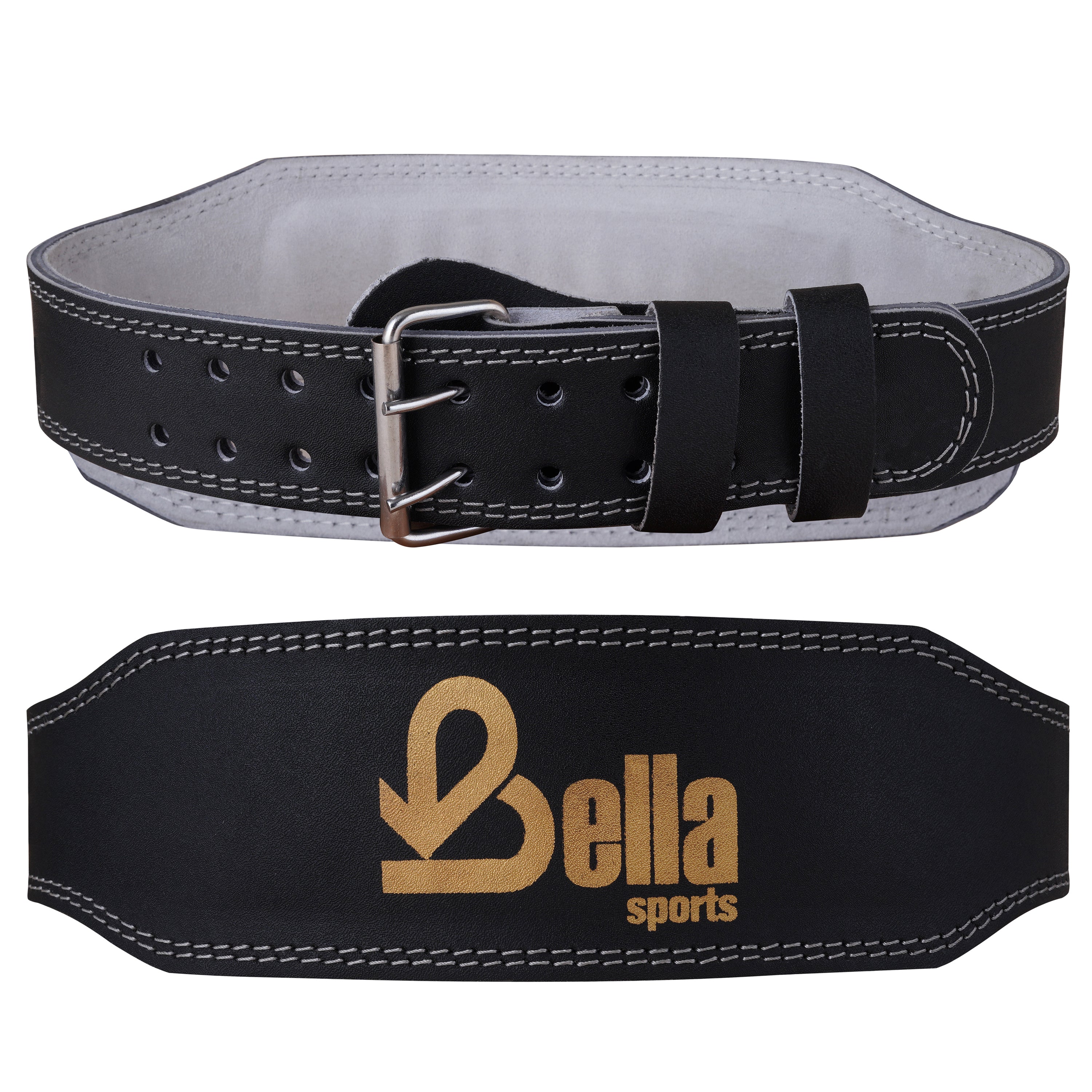 Bella Sports 6mm Genuine Leather Weight Lifting Belt - Double Prong Padded Support for Squats & Powerlifting