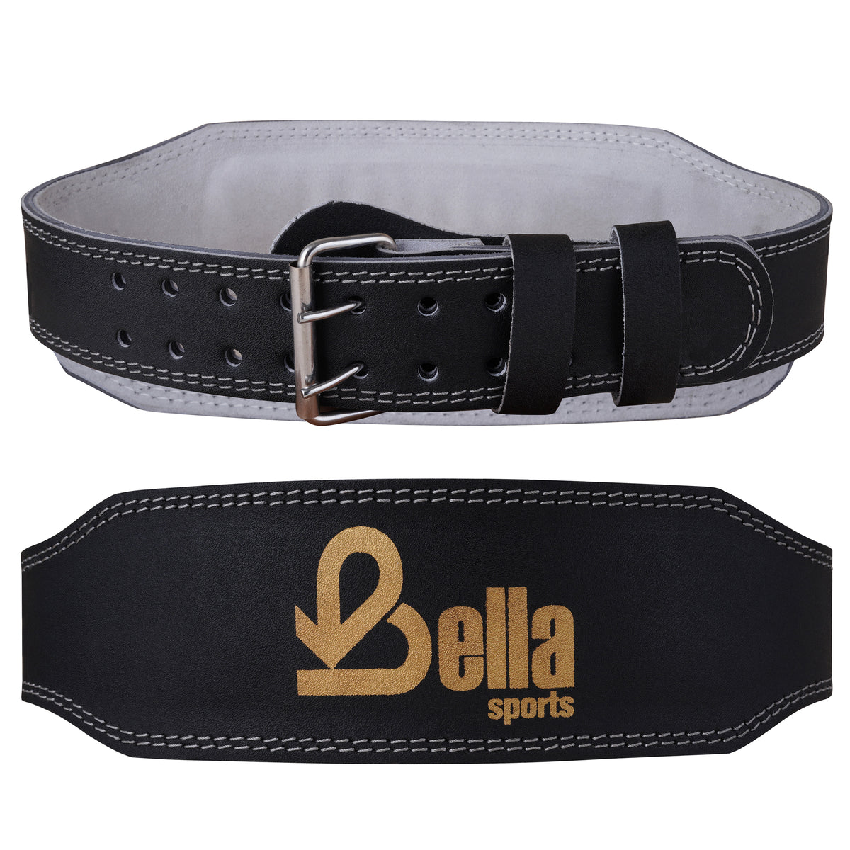 Bella Sports 6mm Genuine Leather Weight Lifting Belt - Double Prong Padded Support for Squats & Powerlifting