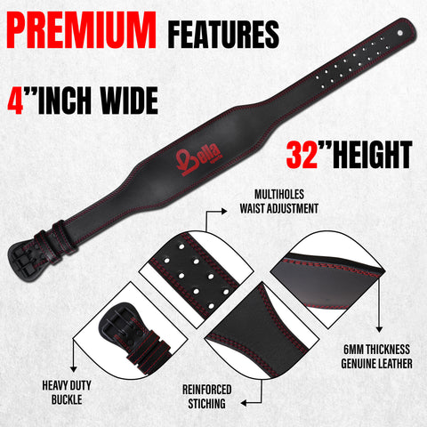 Bella Sports 6mm Genuine Leather Weight Lifting Belt - Double Prong Padded Support for Squats & Powerlifting