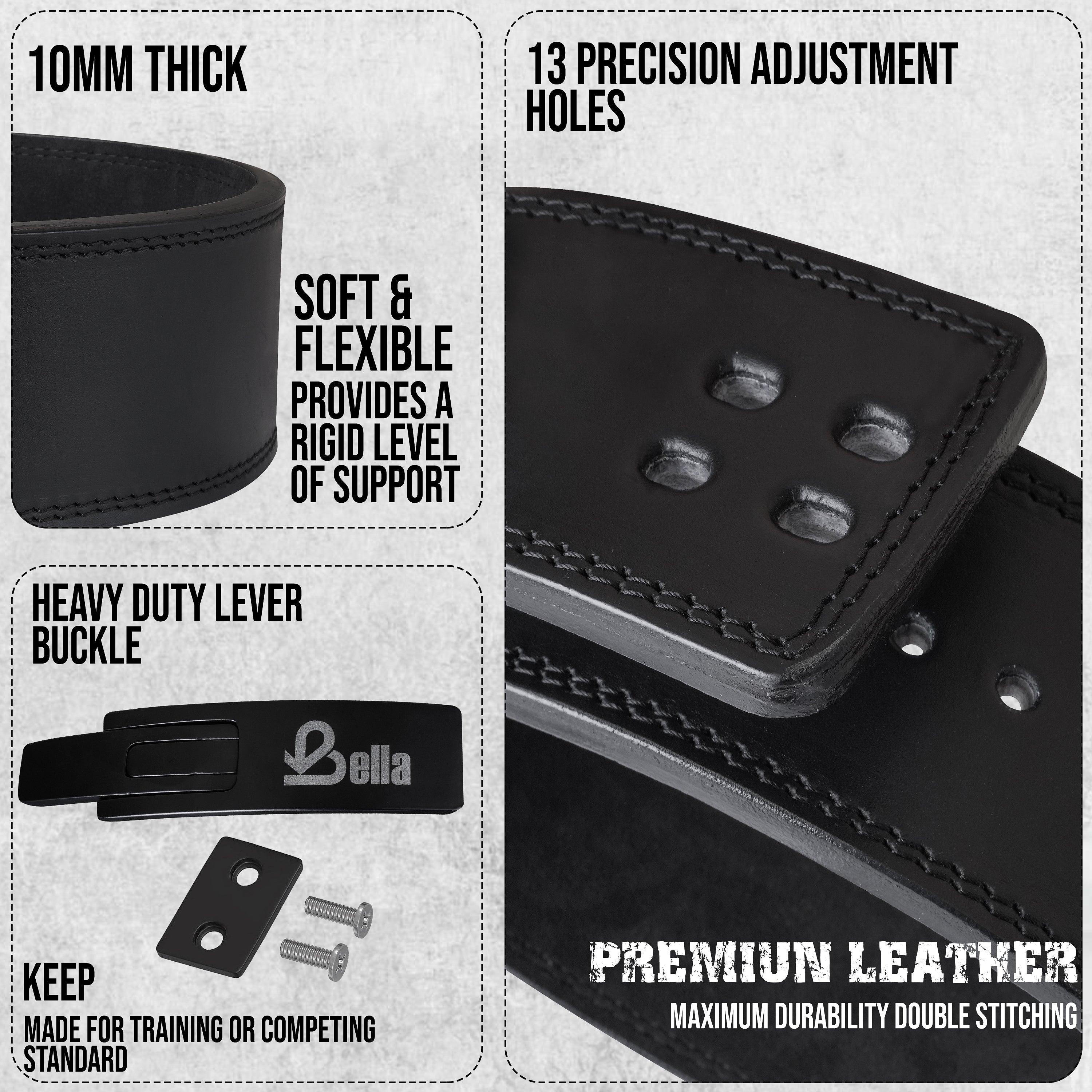 Bella Sports Blackout Wings Lever Belt: 10mm/13mm premium cowhide. 4" wide with heavy-duty steel lever for maximum support.