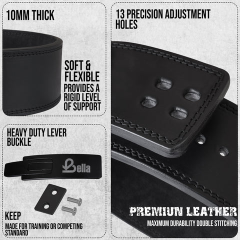 Bella Sports Blackout Wings Lever Belt: 10mm/13mm premium cowhide. 4" wide with heavy-duty steel lever for maximum support.