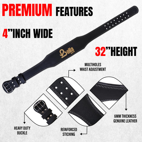 Bella Sports 6mm Genuine Leather Weight Lifting Belt - Double Prong Padded Support for Squats & Powerlifting