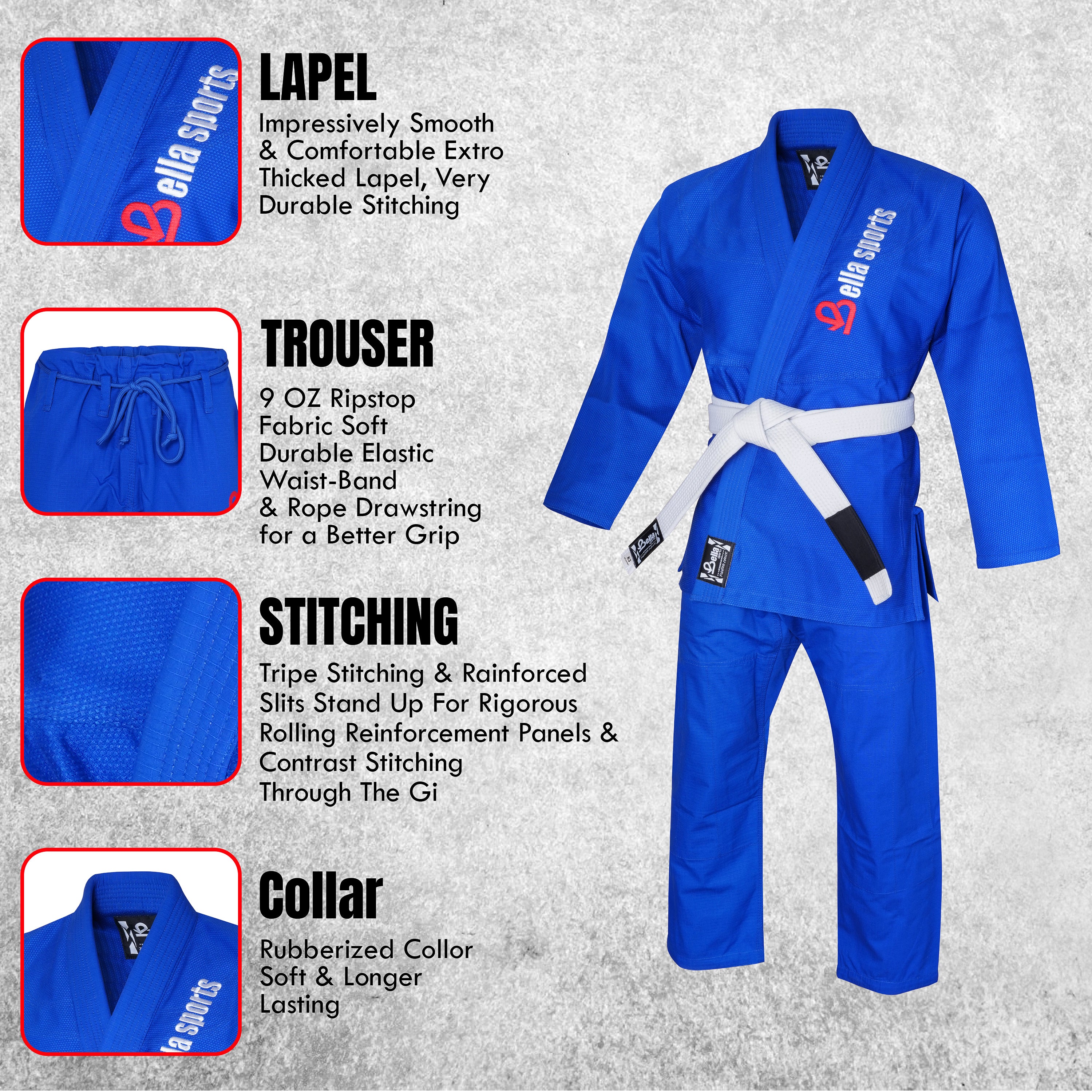 Bella Sports Kids BJJ Gi - Blue Lightweight Brazilian Jiu Jitsu Kimono for Youth & Children with Ripstop Pants
