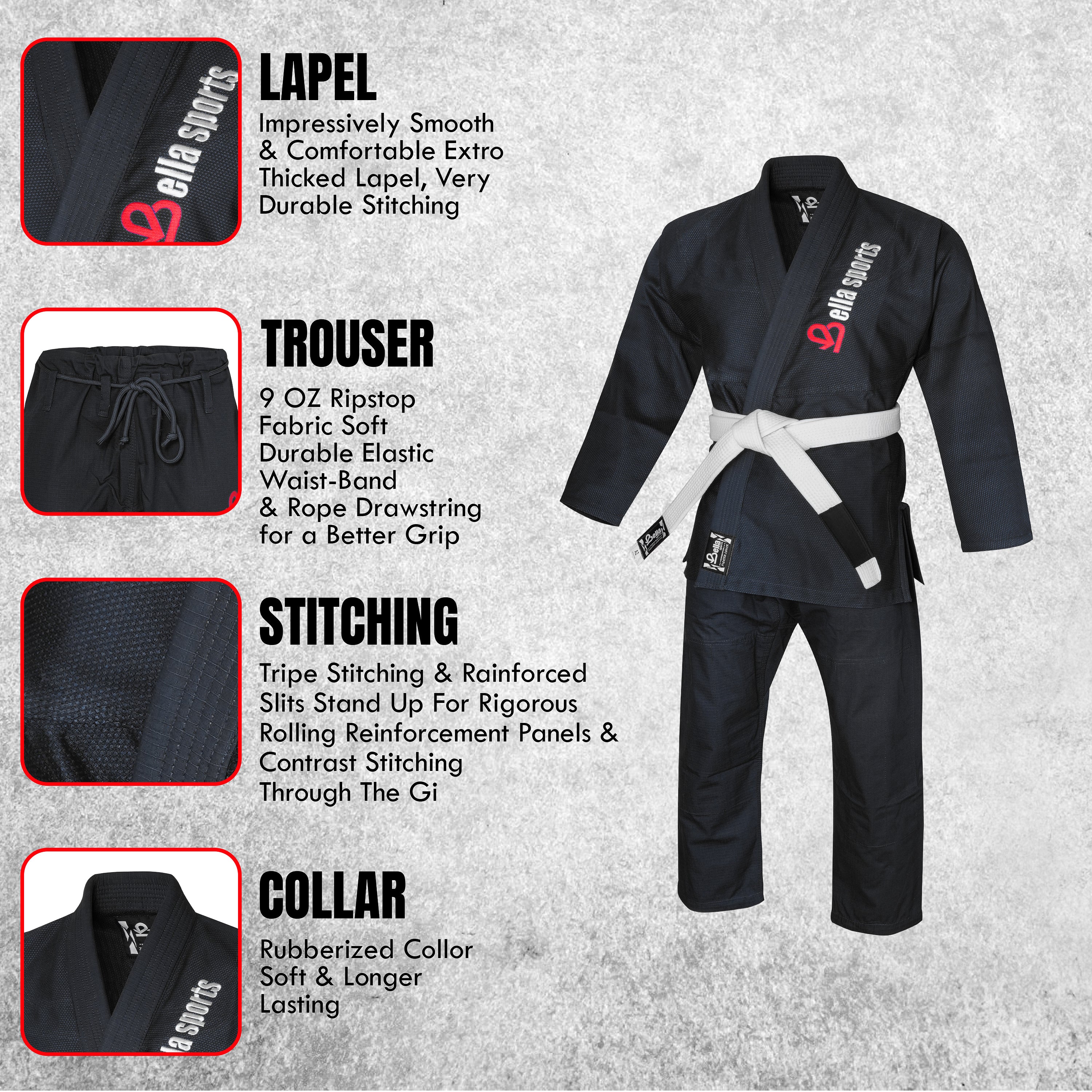 Bella Sports Kids BJJ Gi - Lightweight Black Brazilian Jiu Jitsu Kimono for Youth & Children with Ripstop Pants