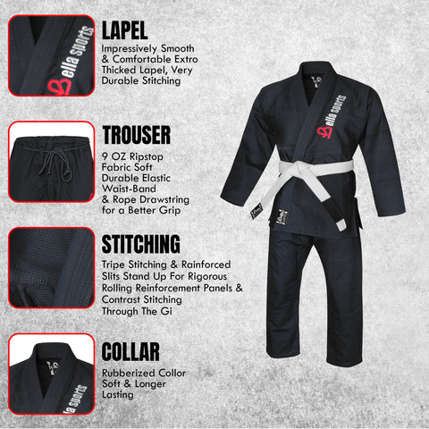 Bella Sports Kids BJJ Gi - Lightweight Black Brazilian Jiu Jitsu Kimono for Youth & Children with Ripstop Pants