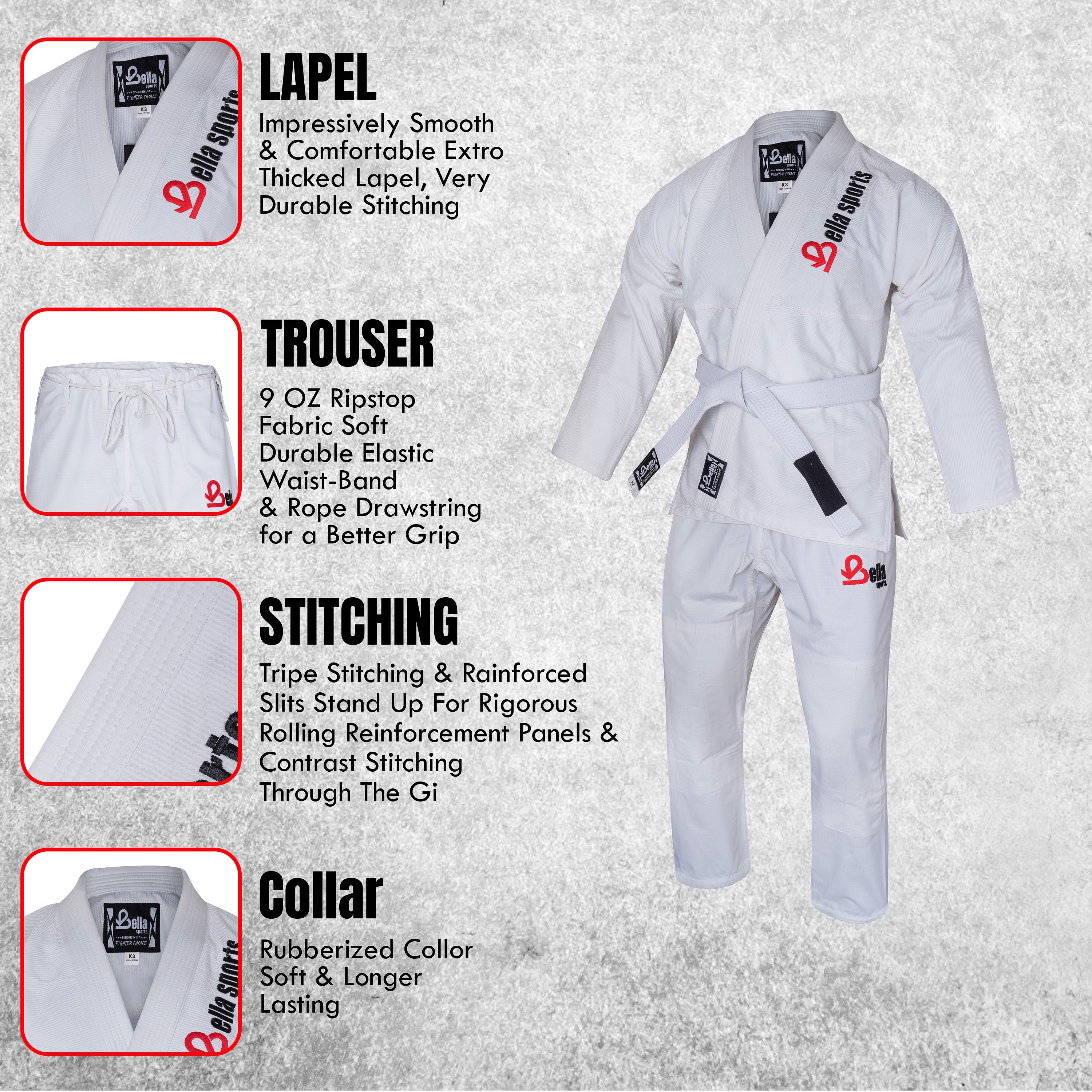 Bella Sports Kids BJJ Gi - White Lightweight Brazilian Jiu Jitsu Kimono for Youth & Children with Ripstop Pants