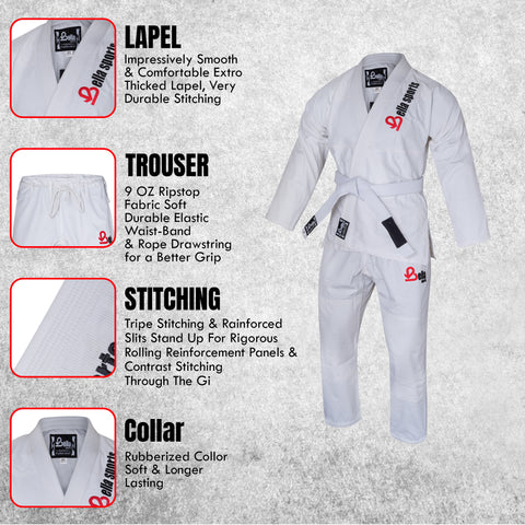 Bella Sports Kids BJJ Gi - White Lightweight Brazilian Jiu Jitsu Kimono for Youth & Children with Ripstop Pants