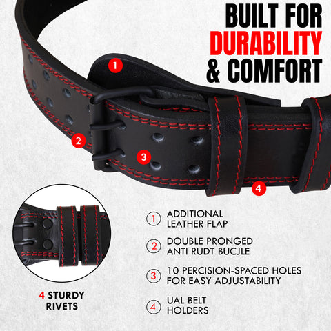 Bella Sports 6mm Genuine Leather Weight Lifting Belt - Double Prong Padded Support for Squats & Powerlifting