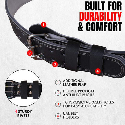 Bella Sports 6mm Genuine Leather Weight Lifting Belt - Double Prong Padded Support for Squats & Powerlifting