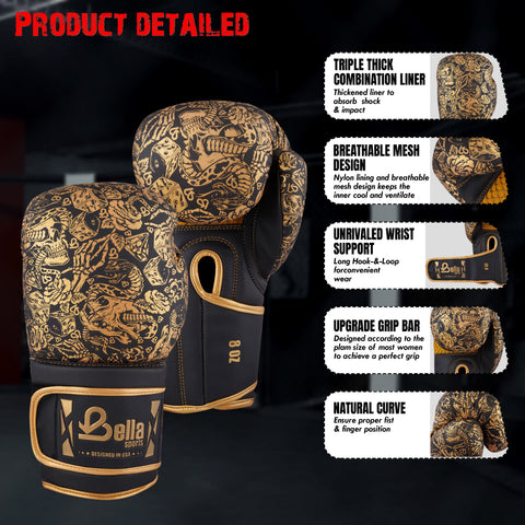 BELLA Sports Boxing Gloves Pro Training Sparring, Synthetic Leather, Muay Thai MMA Kickboxing, Men Women Adult, Heavy Punching Bag Workout Fighting Gloves, Ventilated Palm, Multi Layered Gloves