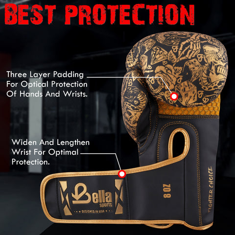 BELLA Sports Boxing Gloves Pro Training Sparring, Synthetic Leather, Muay Thai MMA Kickboxing, Men Women Adult, Heavy Punching Bag Workout Fighting Gloves, Ventilated Palm, Multi Layered Gloves