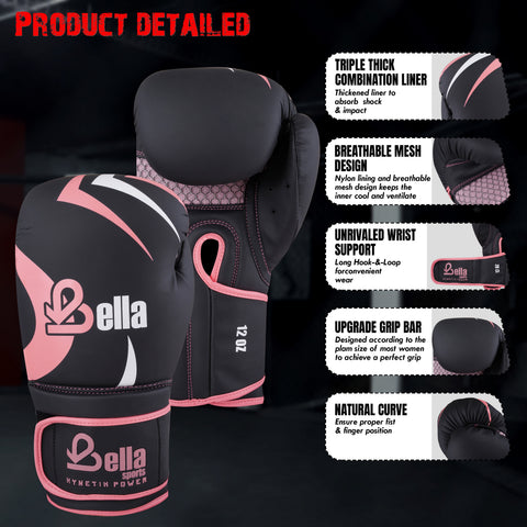 BELLA Sports Boxing Gloves for Men Women Synthetic Leather Punching Bag Gloves Training Gloves for Kickboxing MMA Muay Thai Sparring Heavy Bag Workout Fighting Gloves