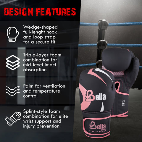 BELLA Sports Boxing Gloves for Men Women Synthetic Leather Punching Bag Gloves Training Gloves for Kickboxing MMA Muay Thai Sparring Heavy Bag Workout Fighting Gloves