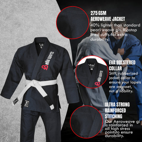 Bella Sports Kids BJJ Gi - Black Lightweight Brazilian Jiu Jitsu Kimono for Youth & Children with Ripstop Pants