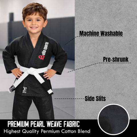 Bella Sports Kids BJJ Gi - Black Lightweight Brazilian Jiu Jitsu Kimono for Youth & Children with Ripstop Pants