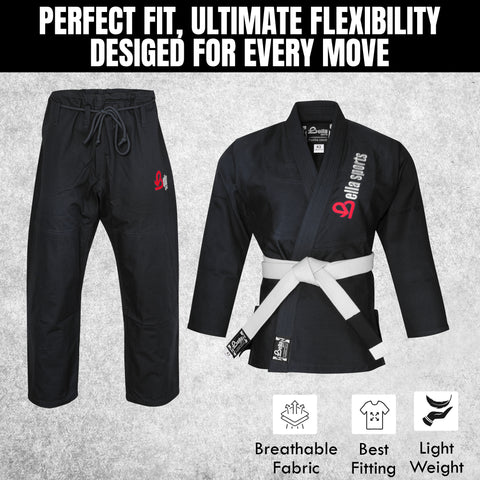 Bella Sports Kids BJJ Gi - Black Lightweight Brazilian Jiu Jitsu Kimono for Youth & Children with Ripstop Pants