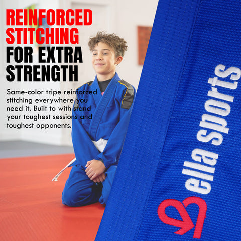 Bella Sports Kids BJJ Gi - Blue Lightweight Brazilian Jiu Jitsu Kimono for Youth & Children with Ripstop Pants