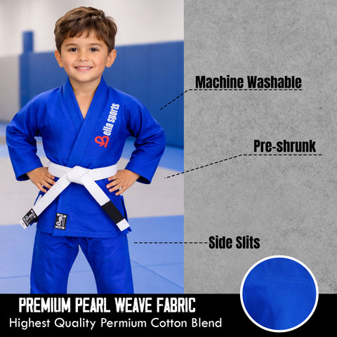 Bella Sports Kids BJJ Gi - Blue Lightweight Brazilian Jiu Jitsu Kimono for Youth & Children with Ripstop Pants