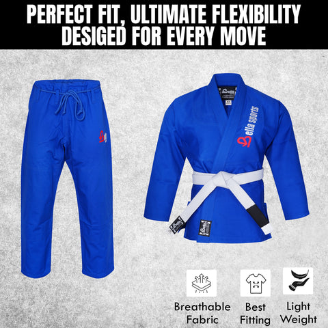 Bella Sports Kids BJJ Gi - Blue Lightweight Brazilian Jiu Jitsu Kimono for Youth & Children with Ripstop Pants