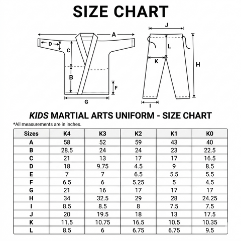 KIDS BJJ UNIFORM  SIZECHART