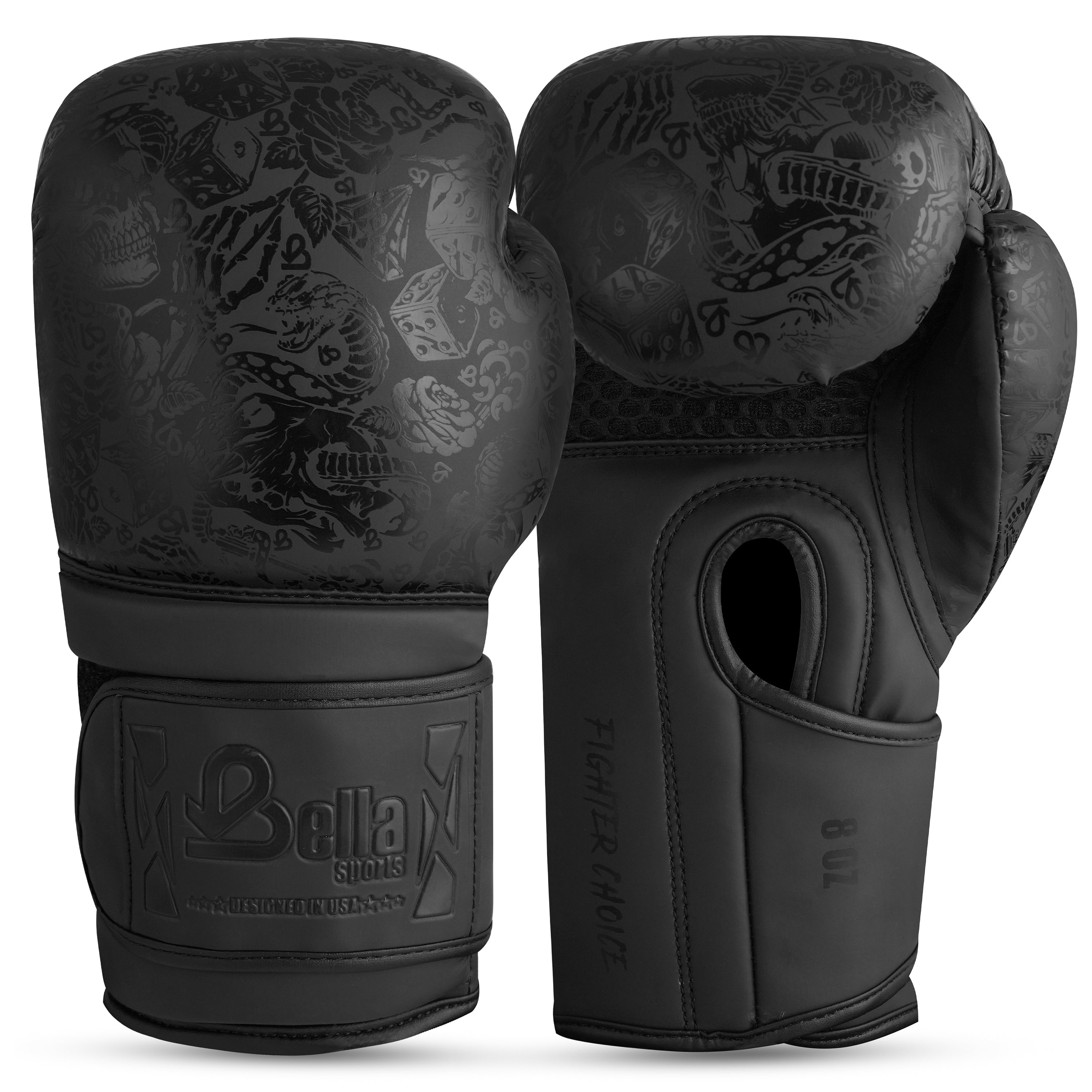 Premium Black Skull Pattern Boxing Gloves by Bella Sports - Training & Sparring Gear