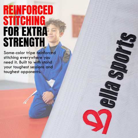 Bella Sports Kids BJJ Gi - White Lightweight Brazilian Jiu Jitsu Kimono for Youth & Children with Ripstop Pants
