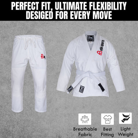 Bella Sports Kids BJJ Gi - White Lightweight Brazilian Jiu Jitsu Kimono for Youth & Children with Ripstop Pants